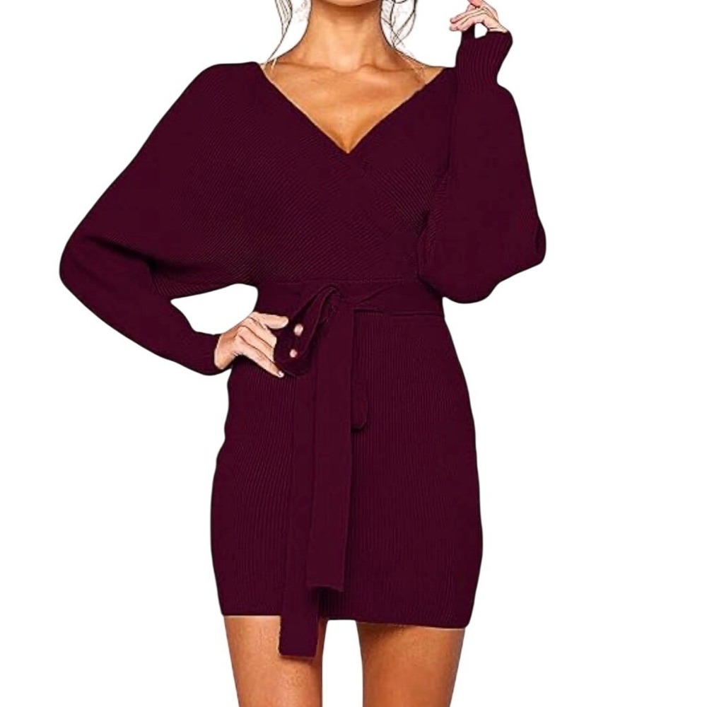 ZESICA Wrap Sweater Dress Women XL Burgundy New Ribbed‎ Batwing V-Neck Mini Tie